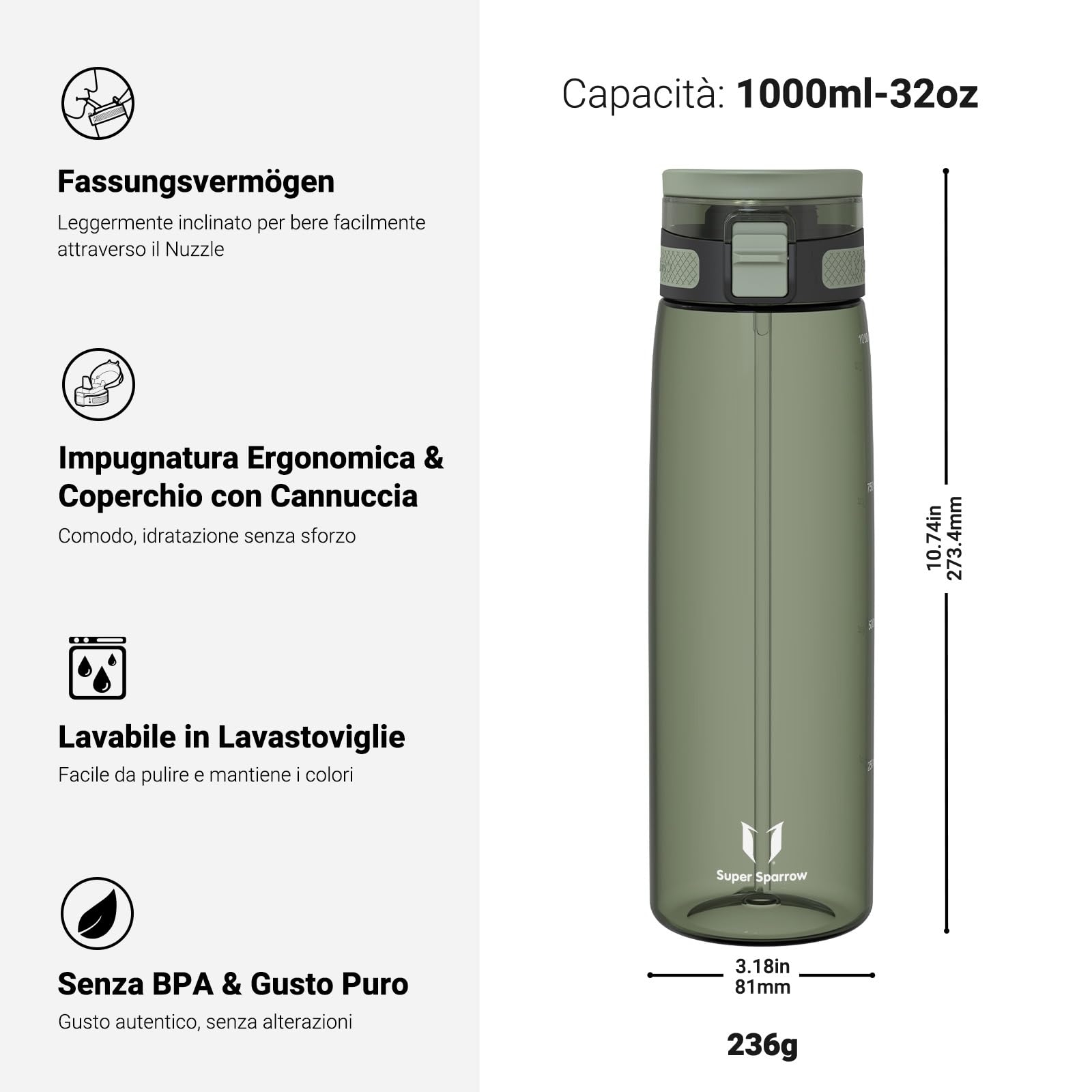 Super Sparrow Borraccia - TouchSip Sportiva Bottiglia - 500ml/750ml/1L - Tritan Senza BPA, a Prova di Perdite - Borracce con Cannuccia Ideale per Scuola e Sport