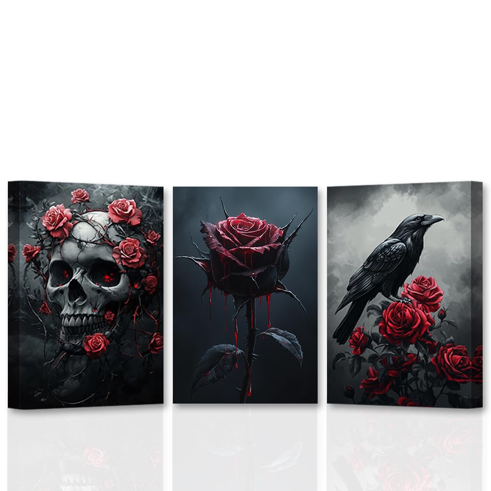 CCWACPP Gothic Wall Art Halloween Wall Decor Skull Canvas Art 3 Pieces Rose Crow Skull Pictures Vintage painting Office Living Room Decor Framed (50x70cmx3)