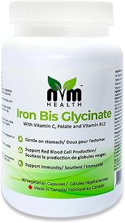 NVM Health Gentle Iron Bisglycinate for Adults with Vitamin C, B12, Folic Acid Supports Red Blood Cell Formation & Fights Fatigue 90 Veggie Gluten-free Capsules
