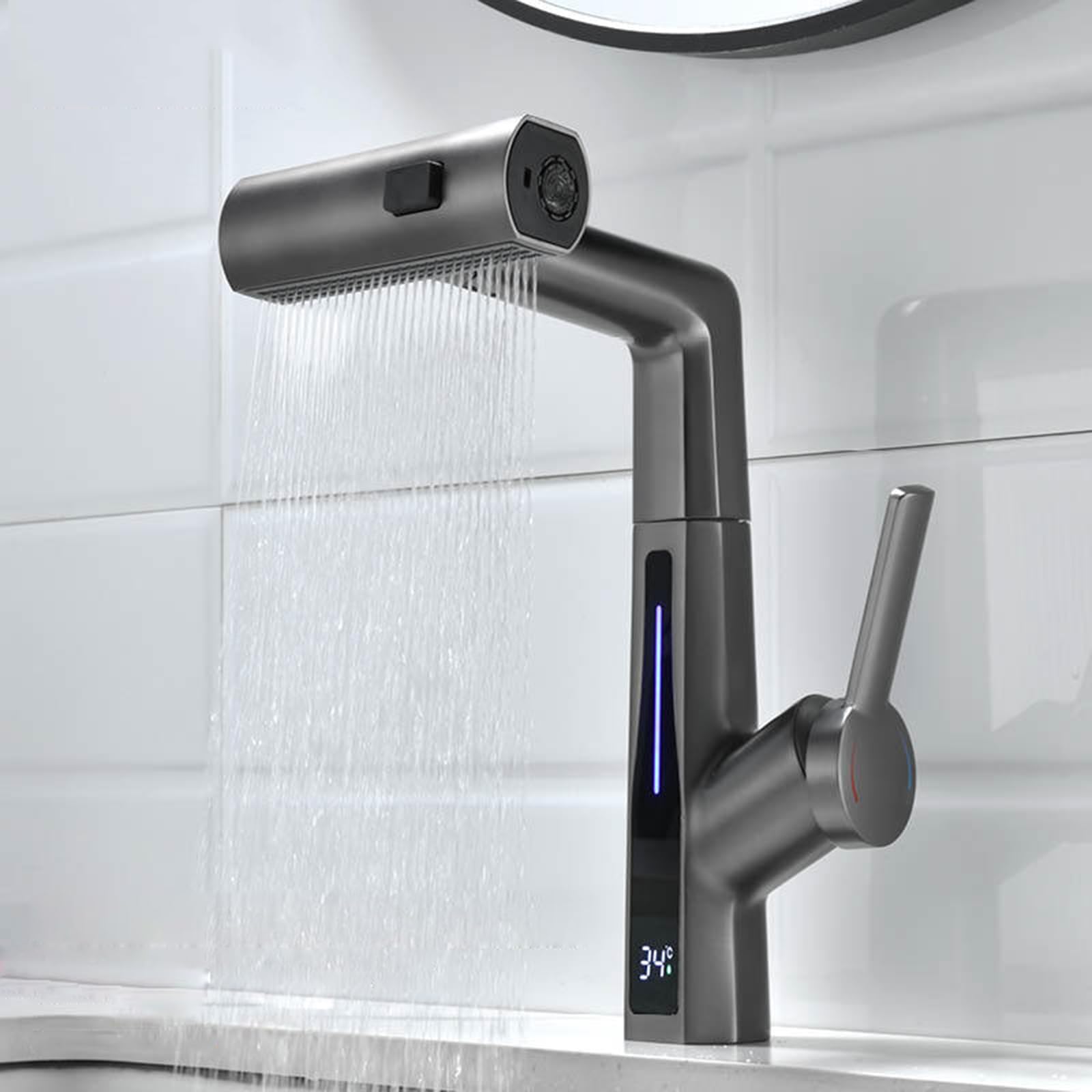 Generico Rubinetto da Bagno Rubinetto per Lavabo con Doccetta Estraibile Cascata Miscelatore per Lavabo Girevole 360° Miscelatore per Lavabo da Bagno con Display Digitale Grigio Canna di Fucile