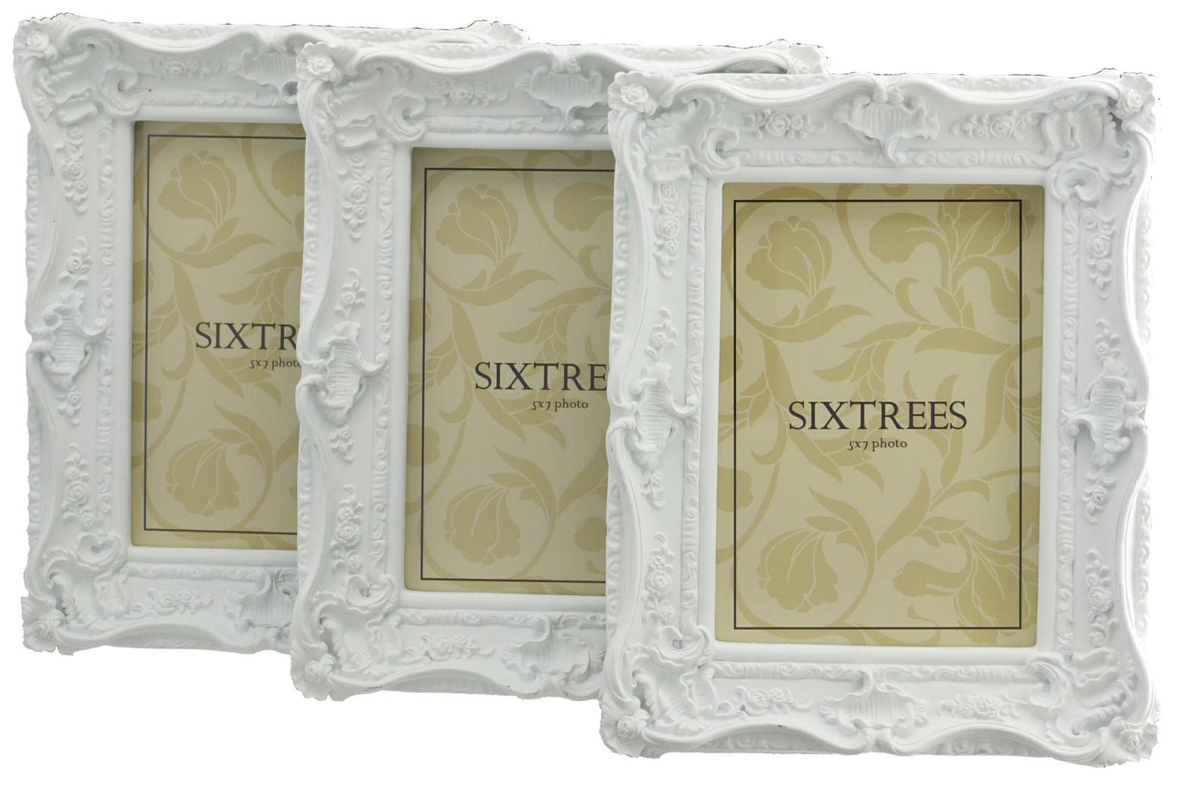 A Triplepack of Sixtrees Chelsea 5-254-57 Ornate Vintage Swept Shabby Chic White 7x5 inch Photo frames - with Microfibre glass cleaning cloth.