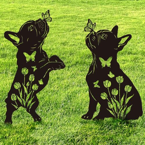 Doesen Metal Dog Garden Decor for Outside, French Bulldog Gift for Dog Lovers, Rust Proof Metal Black Silhouette Decorative Garden Stakes for Yard, Patio, Lawn Decorations, Outdoor Decor Yard Art