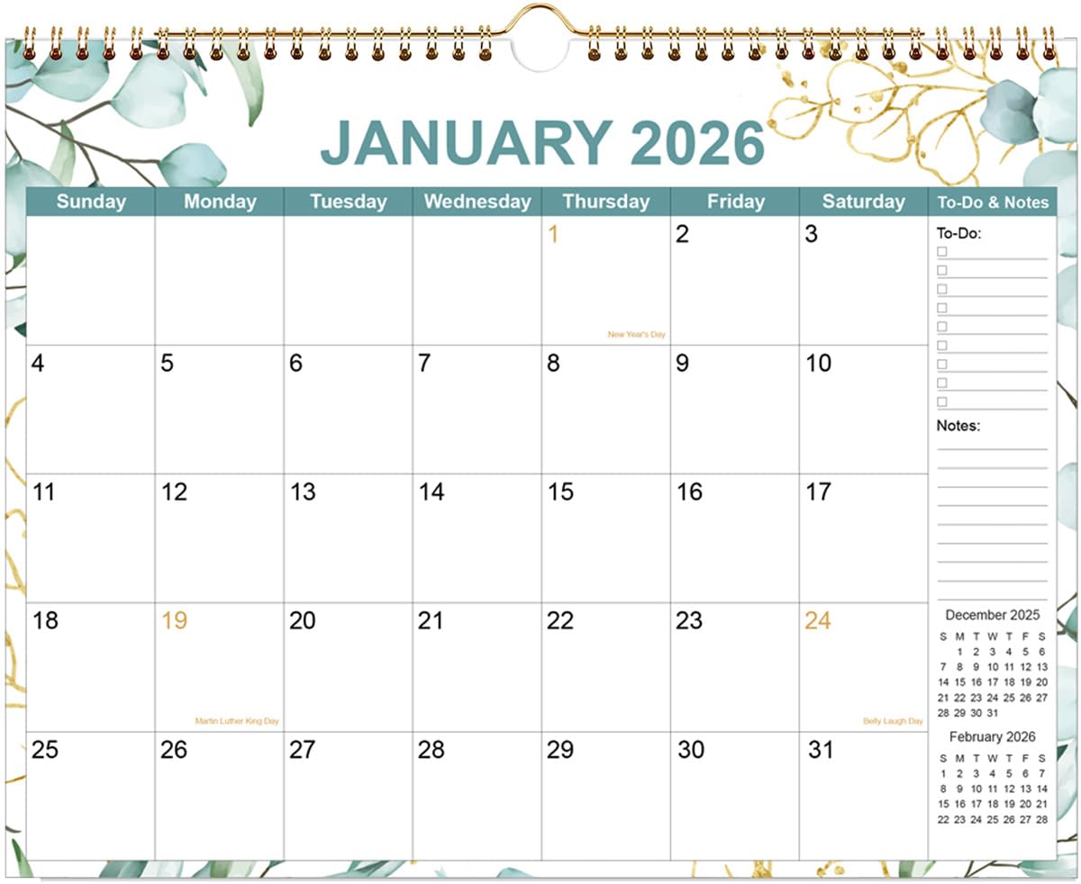 2026 Calendar - Calendar 2026 from January 2026 - December 2026, 12 Months Calendar with Premium Paper, Twin-Wire Binding & Hanging Hook, 12" x 14.5", Green Leaf