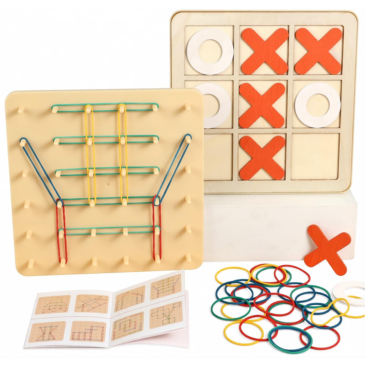 Wooden Montessori Toys 2-in-1 Geoboard & Tic Tac Toe for 3+ Year