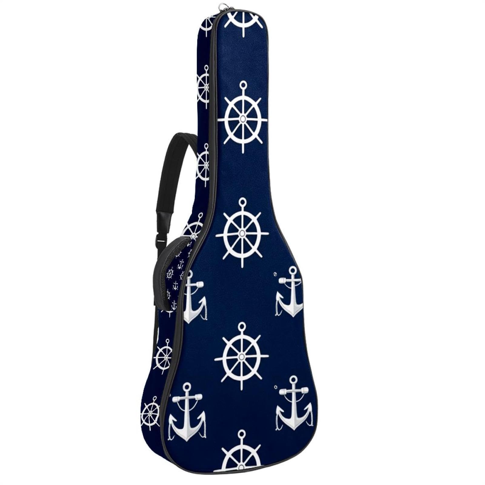 Acoustic Guitar Bag, Soft Guitar Case with 2 Pockets and Back Hanger Loop for 40 41 42 Inch Electric Bass Classical Guitars, Nautical Anchors and Steering Wheels on Navy Blue Background