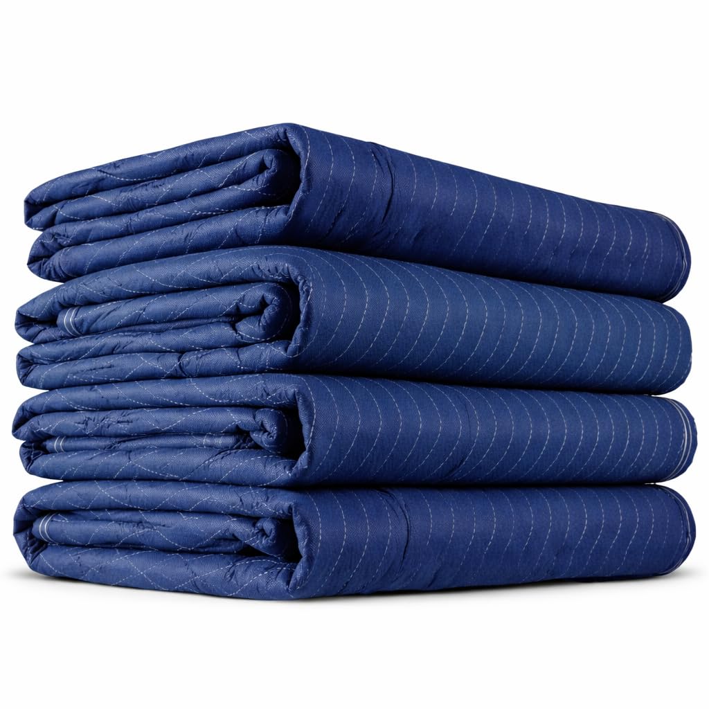 US Cargo Control Moving Blankets Heavy Duty 72"x80" 4-Pack (43 lbs/doz), Packing Blankets for Moving Furniture, Shipping, and Storage, Lightweight Quilted Furniture Pads, Tough Blue Polyester