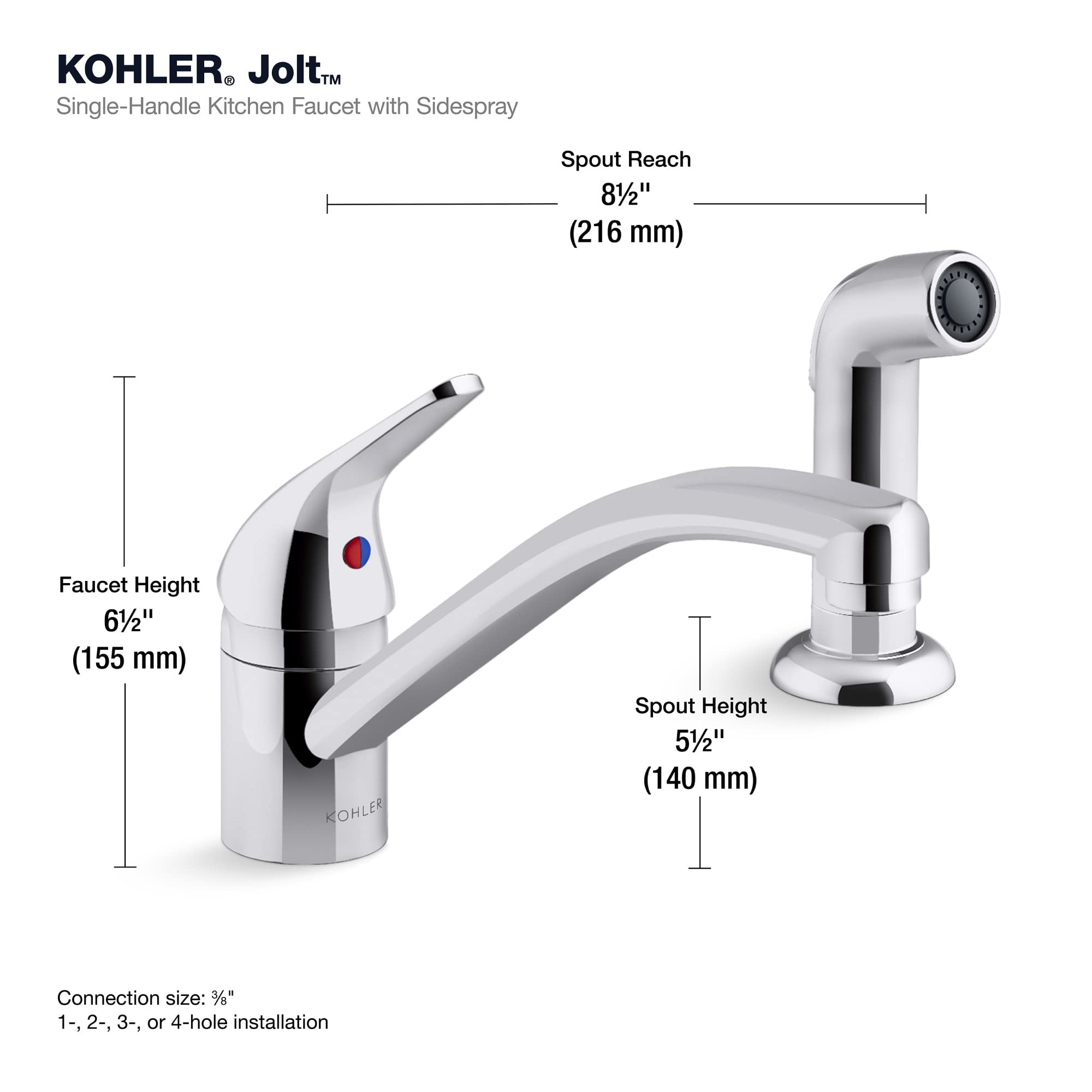 Kohler 30614-CP Jolt Swing Spout Kitchen Faucet with Side Spray, Kitchen Sink Faucet with Pull Out Sprayer, Polished Chrome