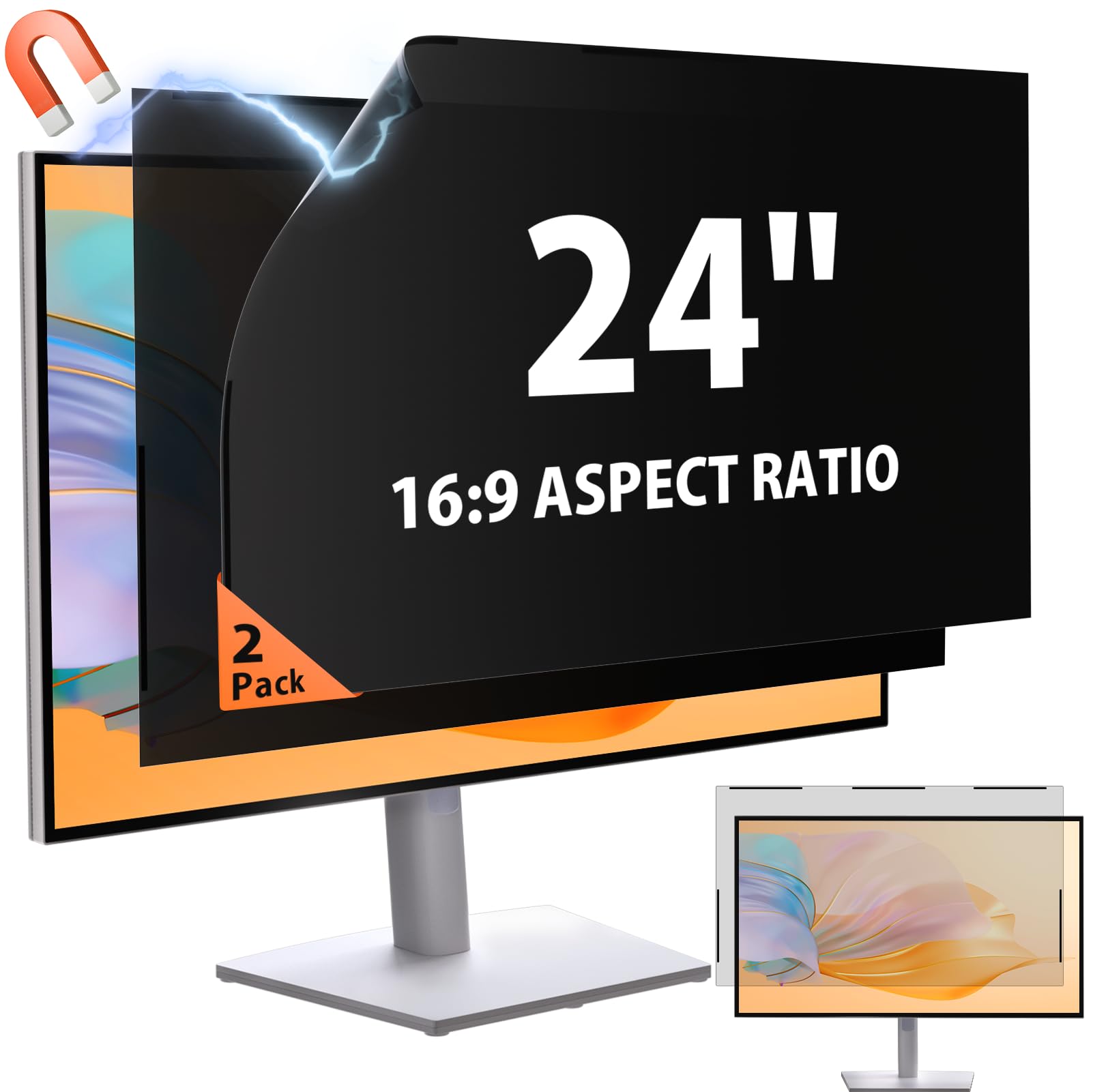 [2 Pack] 24 Inch 16:9 Magnetic Privacy Screen for Monitor Anti-Glare, Blue Light Filter, Anti-Spy Reusable Removable Privacy Filter for 16:9 Widescreen Desktop Display
