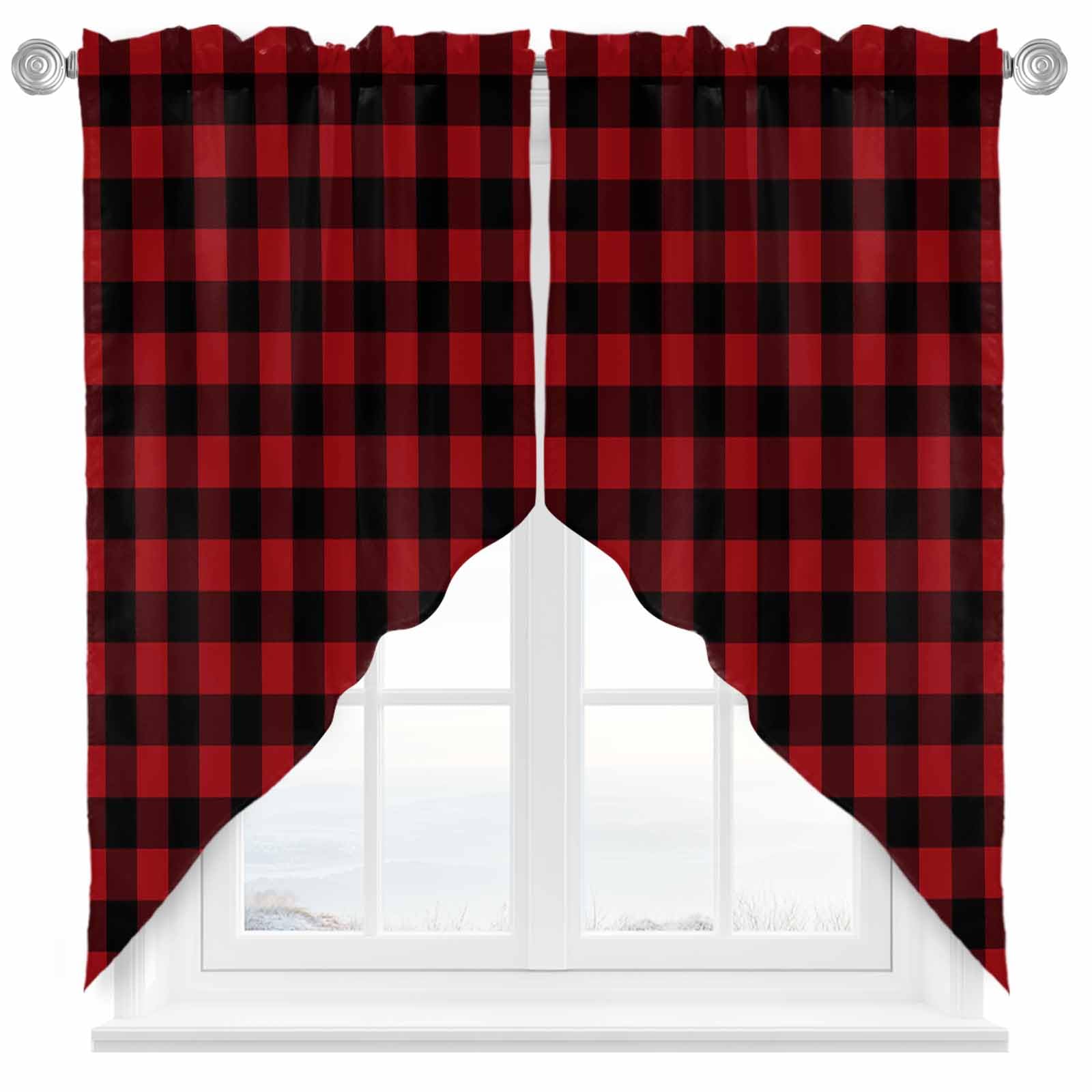 Swag Curtains Christmas Buffalo Plaid Swag Valances for Windows Kitchen Curtain Set Red and Black Checkered Rod Pocket Window Valances Kitchen Window Curtains Over Sink, 2 Panel 28x36inch
