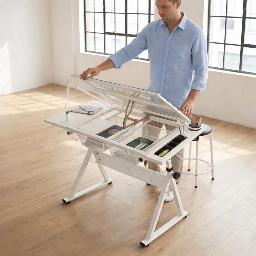 Litex Adjustable Drafting Table with Stool, Glass Top Art Desk for Drawing & Painting, 0–75° Tilting Tabletop, Height Adjustable Craft Desk with Storage Drawers for Home Office Studio (White)