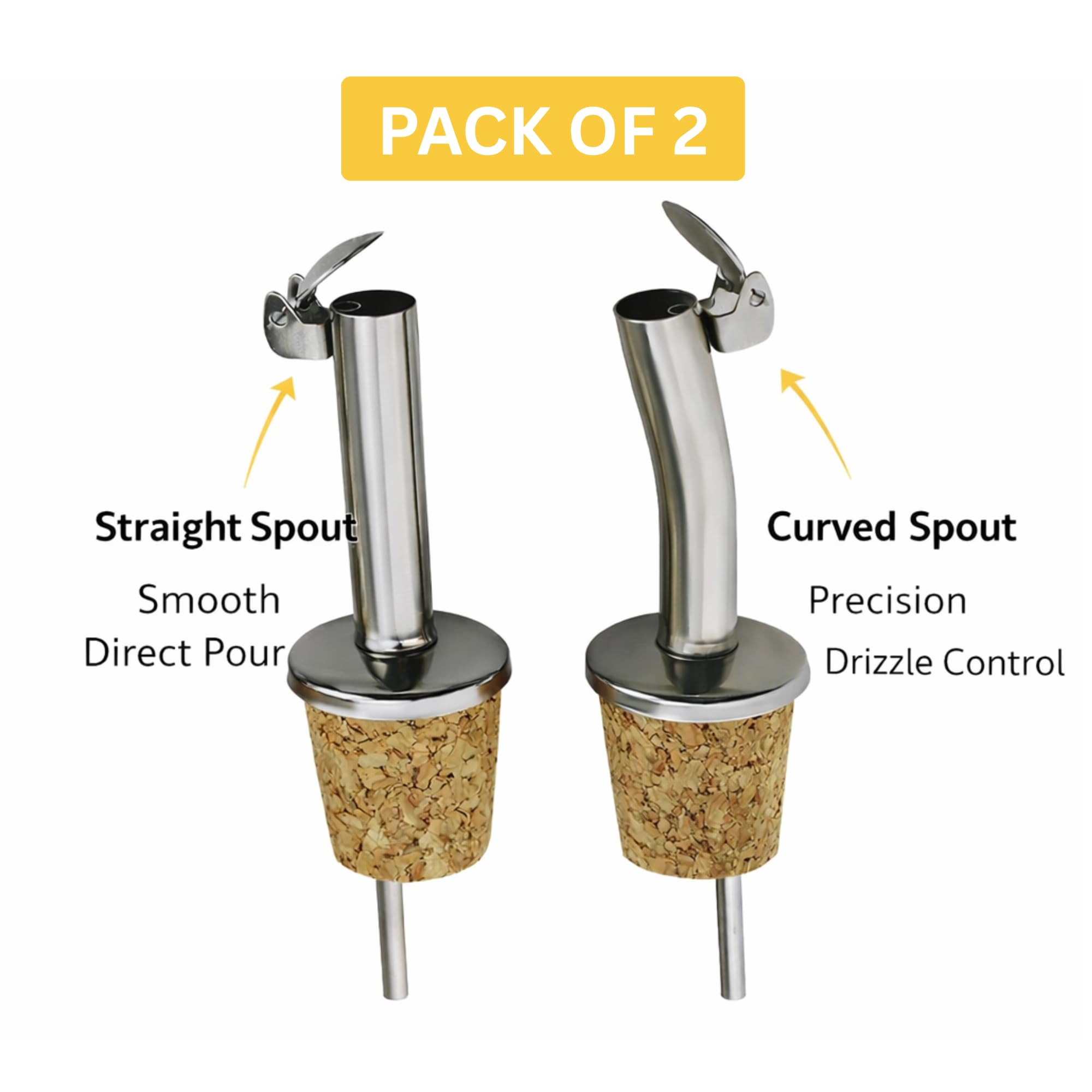 NDS - Paquete de 2 vertedores y rociadores de aceite de oliva de acero inoxidable y corcho con tapa superior abatible con bisagras, ideal para dispensador/botellas de vino, licor, café, jarabe y