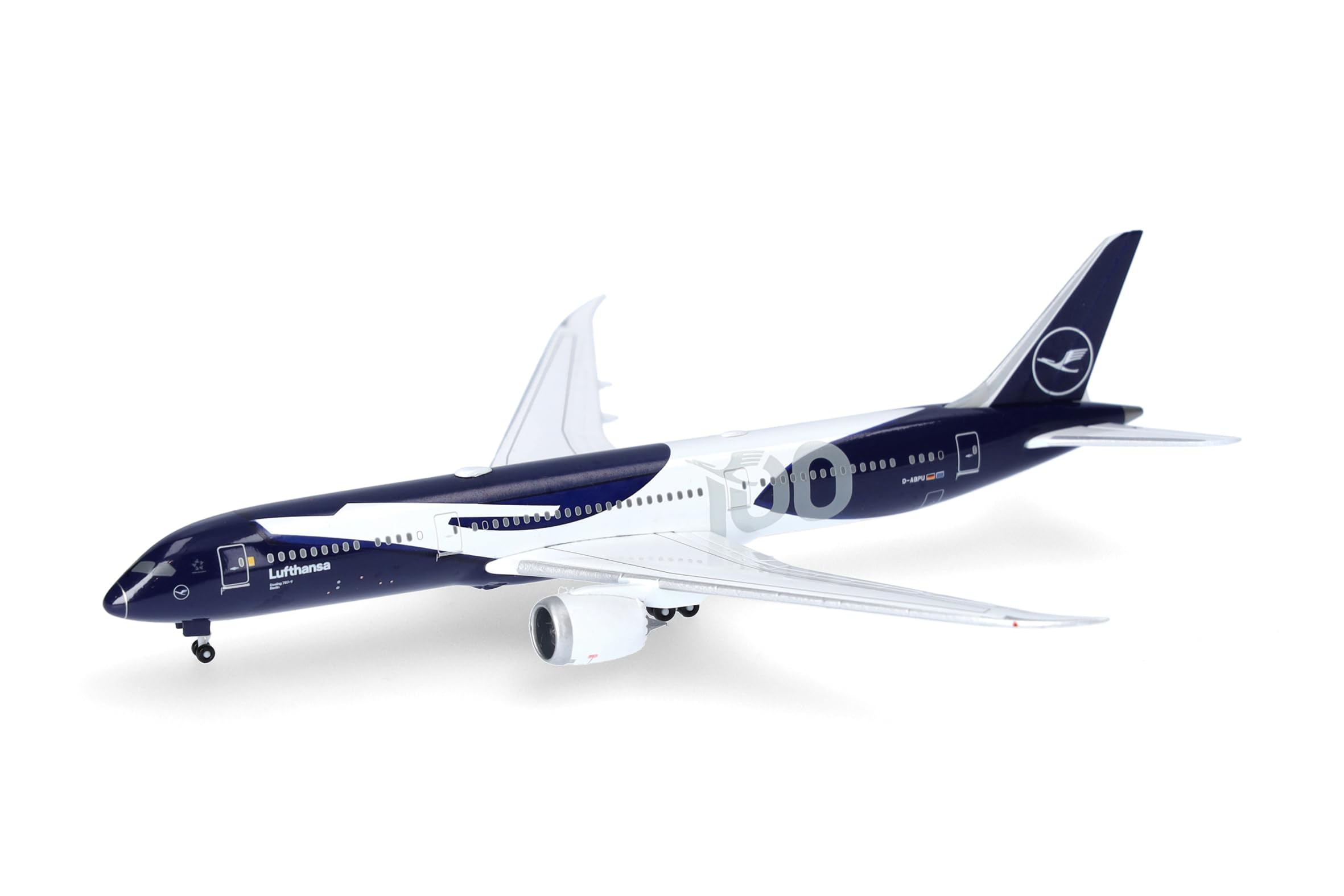 Herpa Miniatura del avión Lufthansa Boeing 787-9 Dreamliner 100 años, Escala 1/500, Modelo prefabricado, maqueta de colleción, modelismo, Avion sin Soporte, Figura Metal