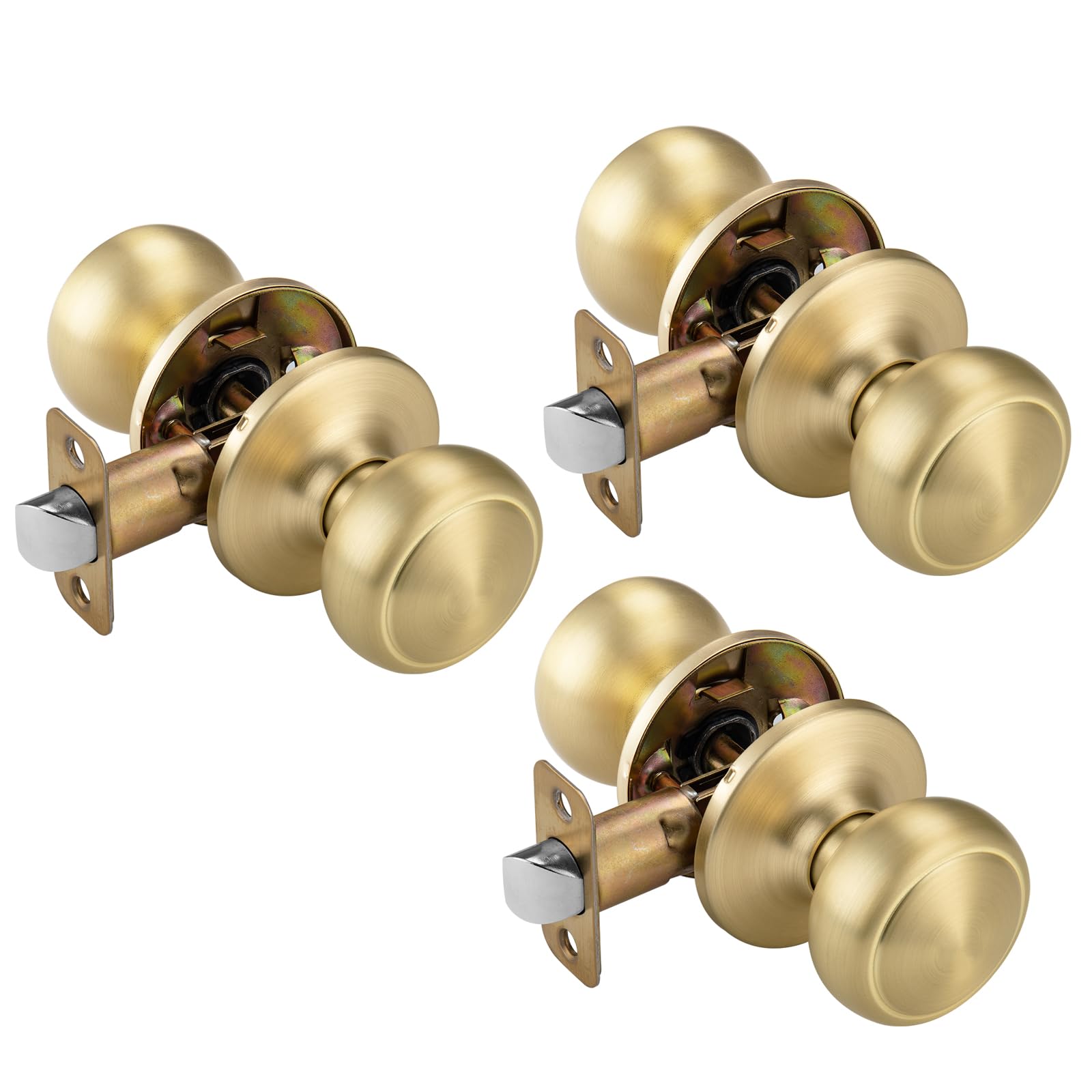 NCSEN 3 Pack Satin Brass Door Knob Coastal Style, Gold Interior Door Knob for Hall and Closet, Non Locking Door Handle
