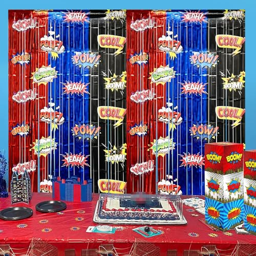 Image of Hero Foil Fringe Curtains Backdrop Birthday Party Decorations, 2 Pack 3.28 x 6.56 Ft Red Blue Black Foil Fringe Curtain Tinsel Streamer Photo Booth Props Hero Birthday Party Supplies Favors