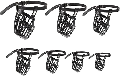 TEHAUX 1 juego de 7 bozales de plástico para perros con correa ajustable de piel sintética, cubierta de boca de perro a la moda, seguridad