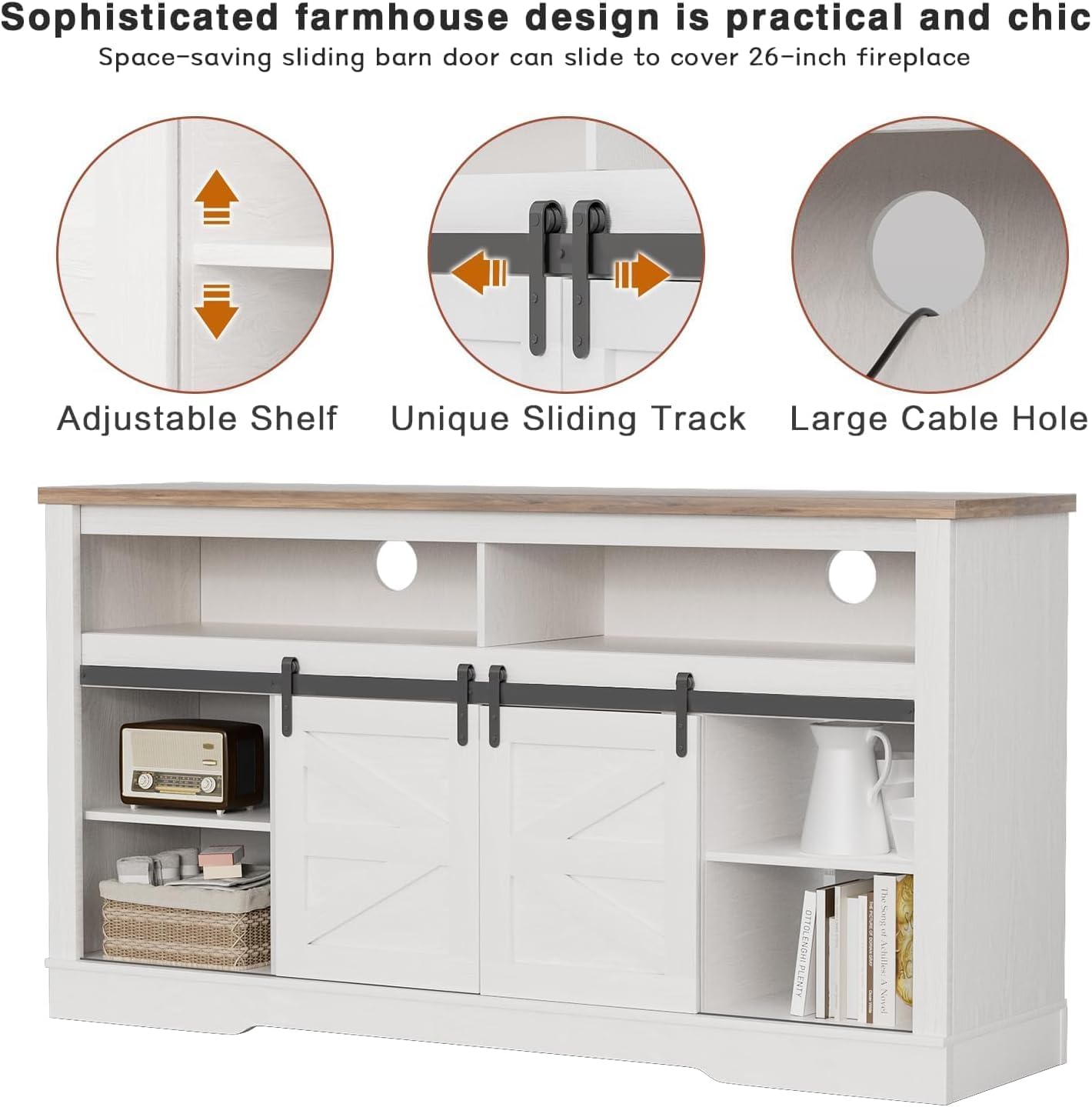 YESHOMY Fireplace TV Stand for Television up to 65+ Inch with Storage and Farmhouse Sliding Barn Doors, Entertainment Center with Cabinet and Shelves, Media Console for Living Room, White