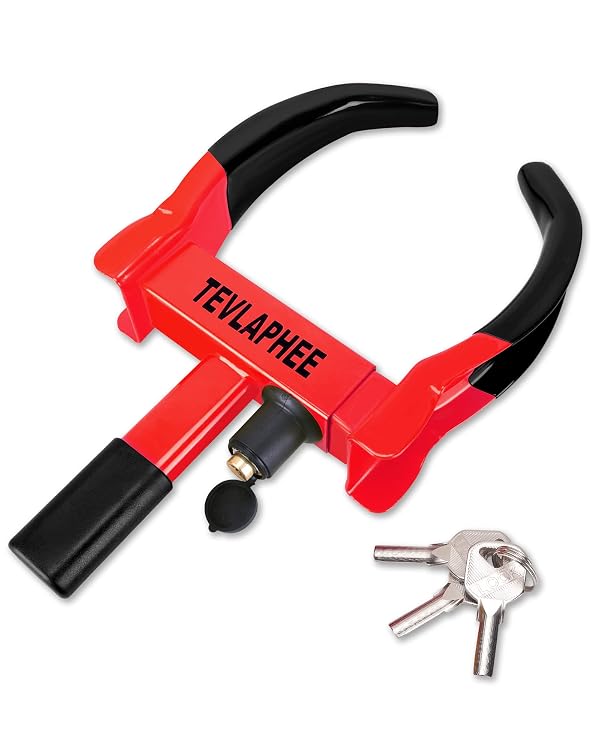 Tevlaphee Universal Wheel Lock Heavy Duty Security Trailer Wheel Lock Anti Theft Wheel Locks for Cars SUV Camper Motorcycle Trailer Great Deterrent Bright Color with 3 Keys (Black-red) by Tevlaphee - Used condition - US$26.86