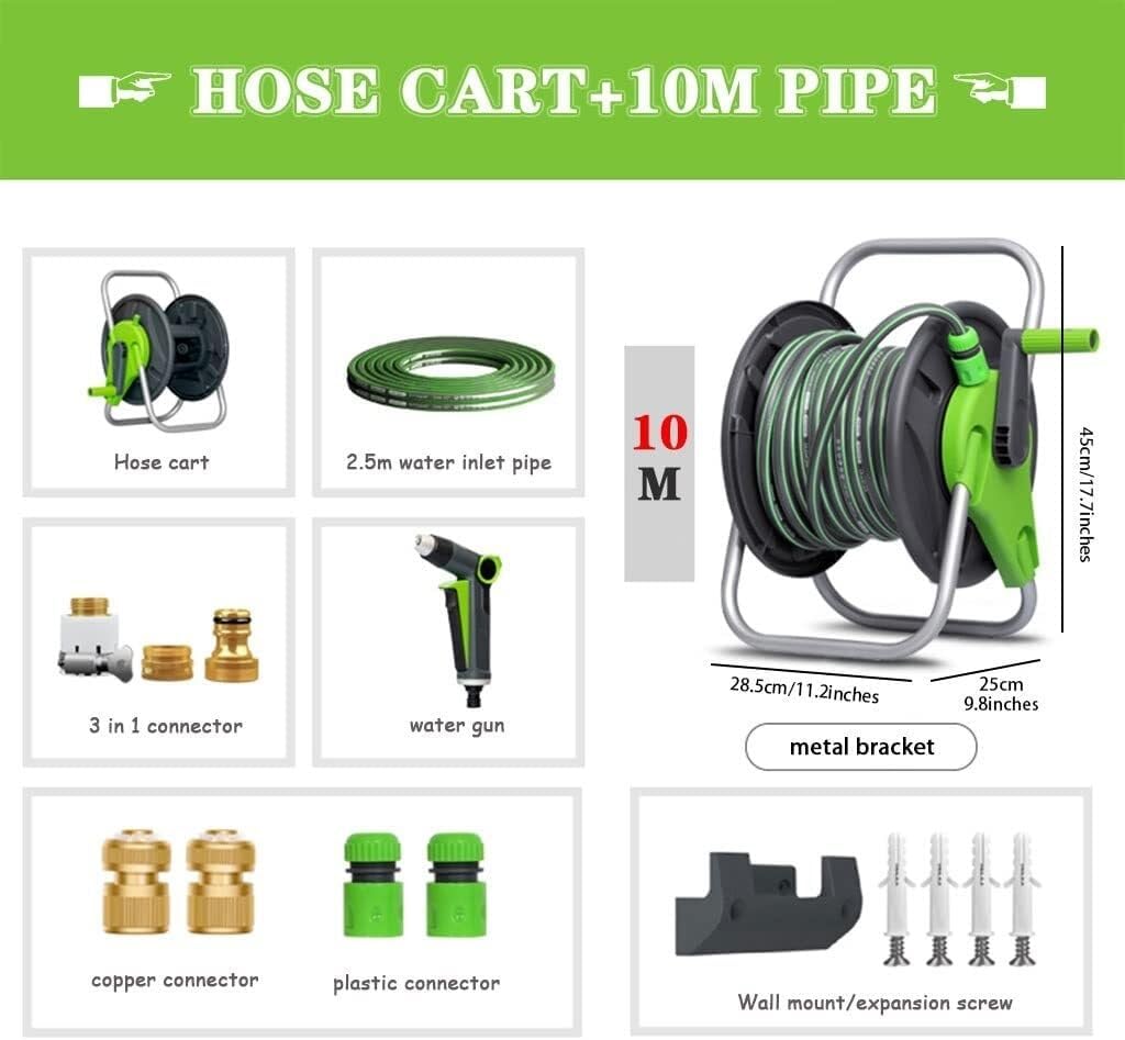 Portable Hose Reel Cart with 30m PVC Hose, Wall Mounted or Hand-held Water Organizer for Garden, Lawn, Pet Bathing, and Outdoor Cleaning (Green)(Hose Cart+10m Pipe)