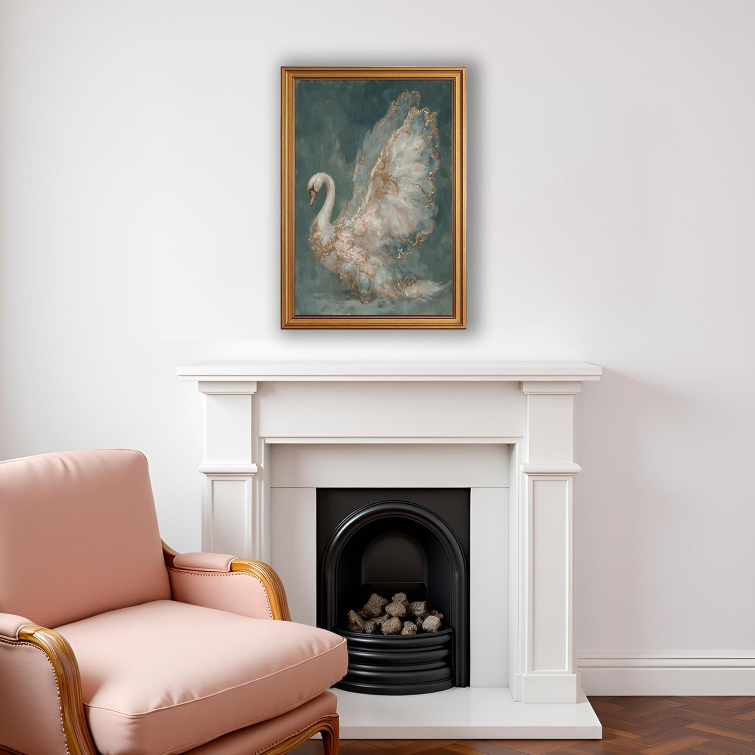 okudolit Gold Framed Vintage Swan Canvas Wall Art Print Luxury Animal Oil Painting Graceful Bird Artwork Picture Baroque Wall Decor for Living Room Bedroom and Office 16"x24"