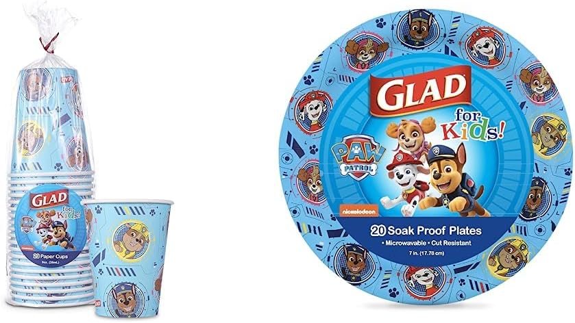 Glad Paw Patrol Paper Cups & Plates, Blue, 20 Count - Disposable Paw Patrol Party Pack