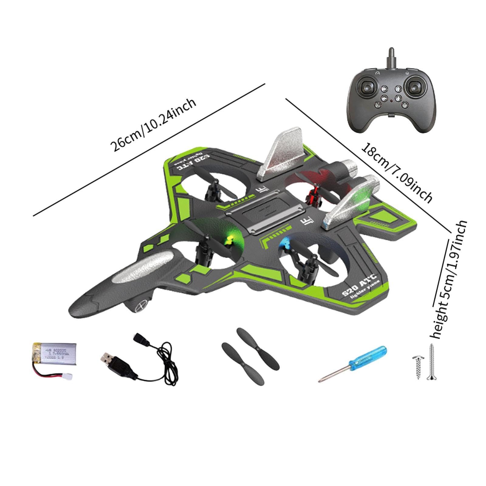 Aereo RC in Schiuma con Telecomando, Aeroplano con Rotazione a 360°, Giocattolo Volante per Esterni, Aereo RC da Combattimento con Luce per Bambini e, Verde 1 Batteria 300