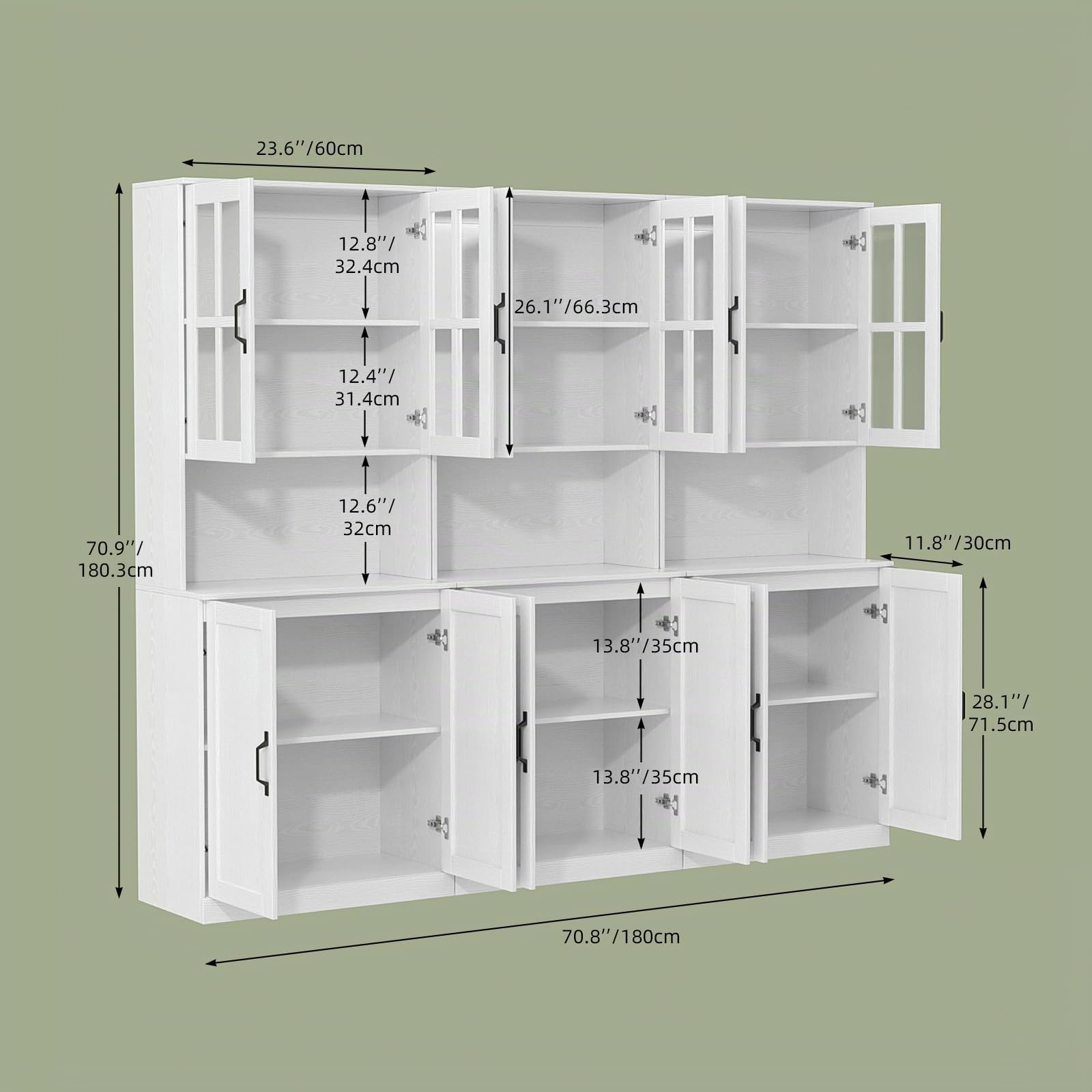 VOWNER Bücherregal mit Glastüren und offenem Fach, 180 cm Hochschrank, 5 Ebenen Bücherschrank, Standregal Vitrinenschrank, Buffetschrank mit Arbeitsplatte, 60x40x180 cm, für Wohnzimmer, Büro (3PCS)