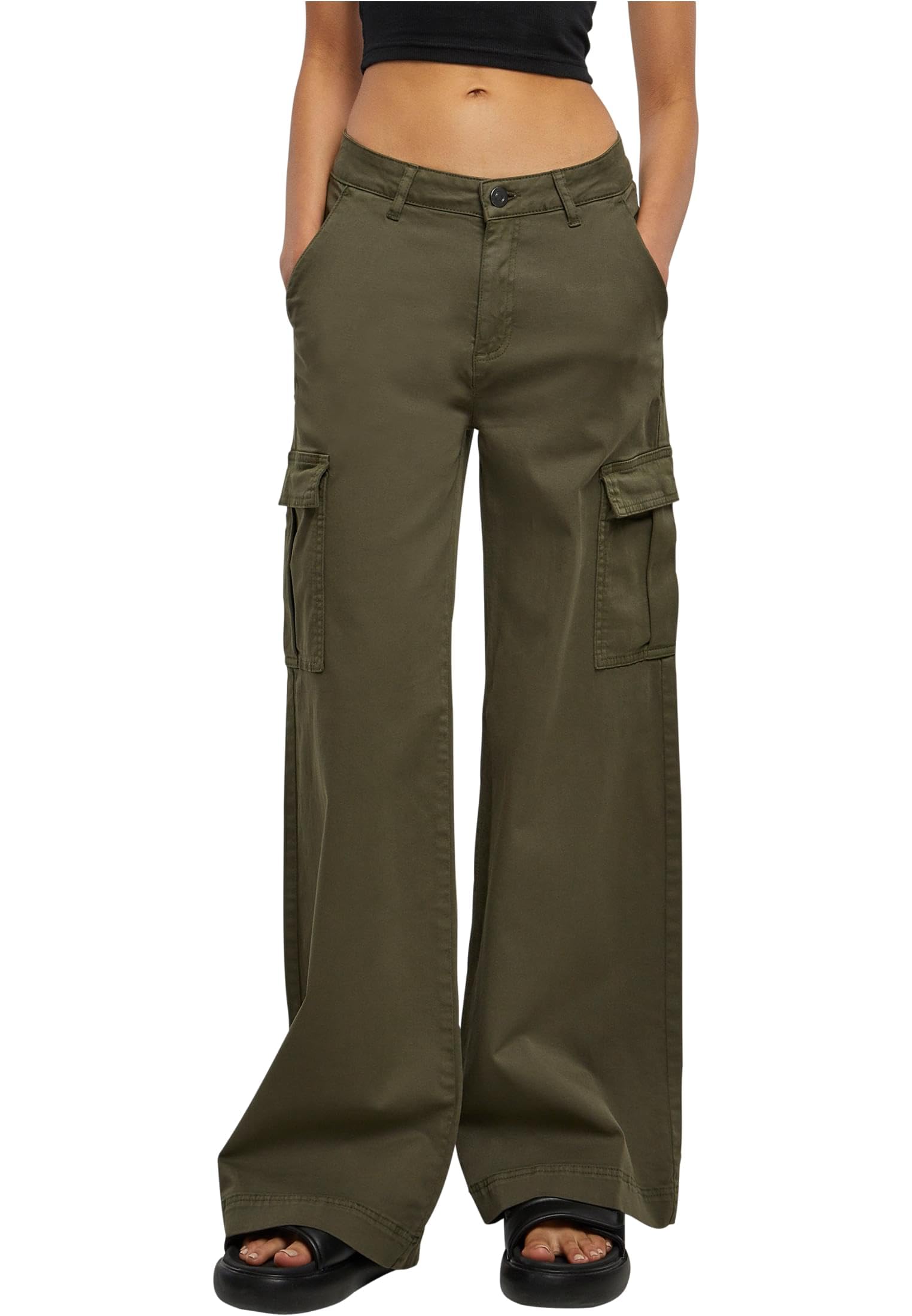 Urban Classics Ladies High Waist Wide Leg Twill Cargo Trousers for Women Available in Many Different Colours Sizes 26 - 36
