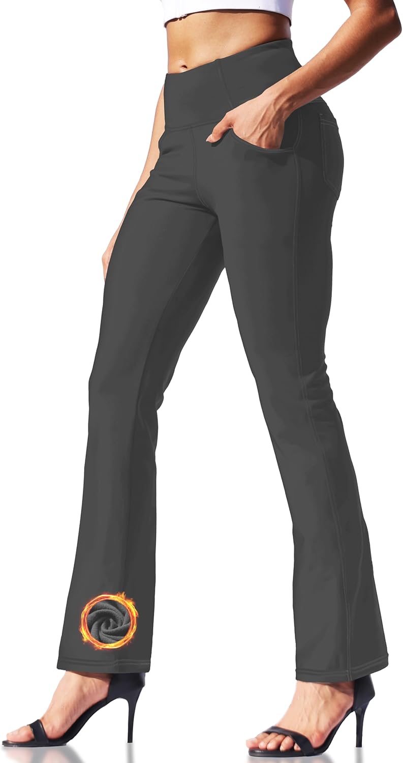 VOOVEEYA Women's Fleece Lined Leggings Flare Pants with Pockets Thermal Warm High Waisted Winter Bootcut Yoga Dress Pants