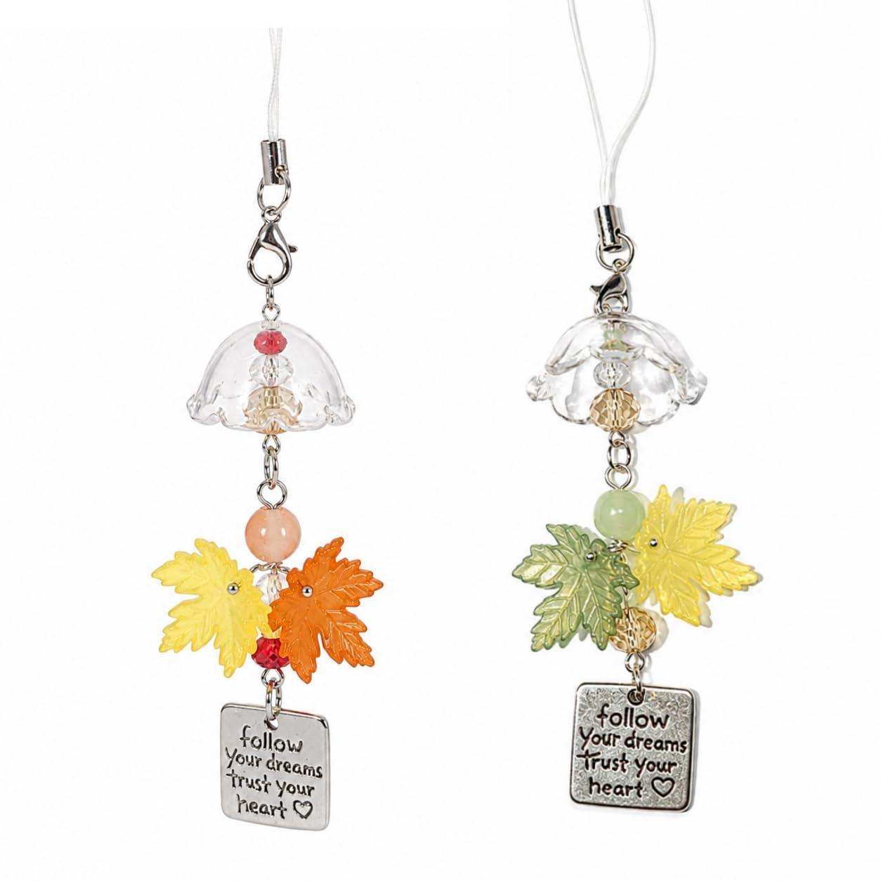 Autumn Maple Leaf Phone Charm Strap | Pack of 2 Yellow & Orange Leaf Crystal Bead Charm with "Follow Your Dreams" Quote Tag | Cute Fall Aesthetic Phone Lanyard | Bag, Camera, Keychain Charm for Women & Girls-image-15