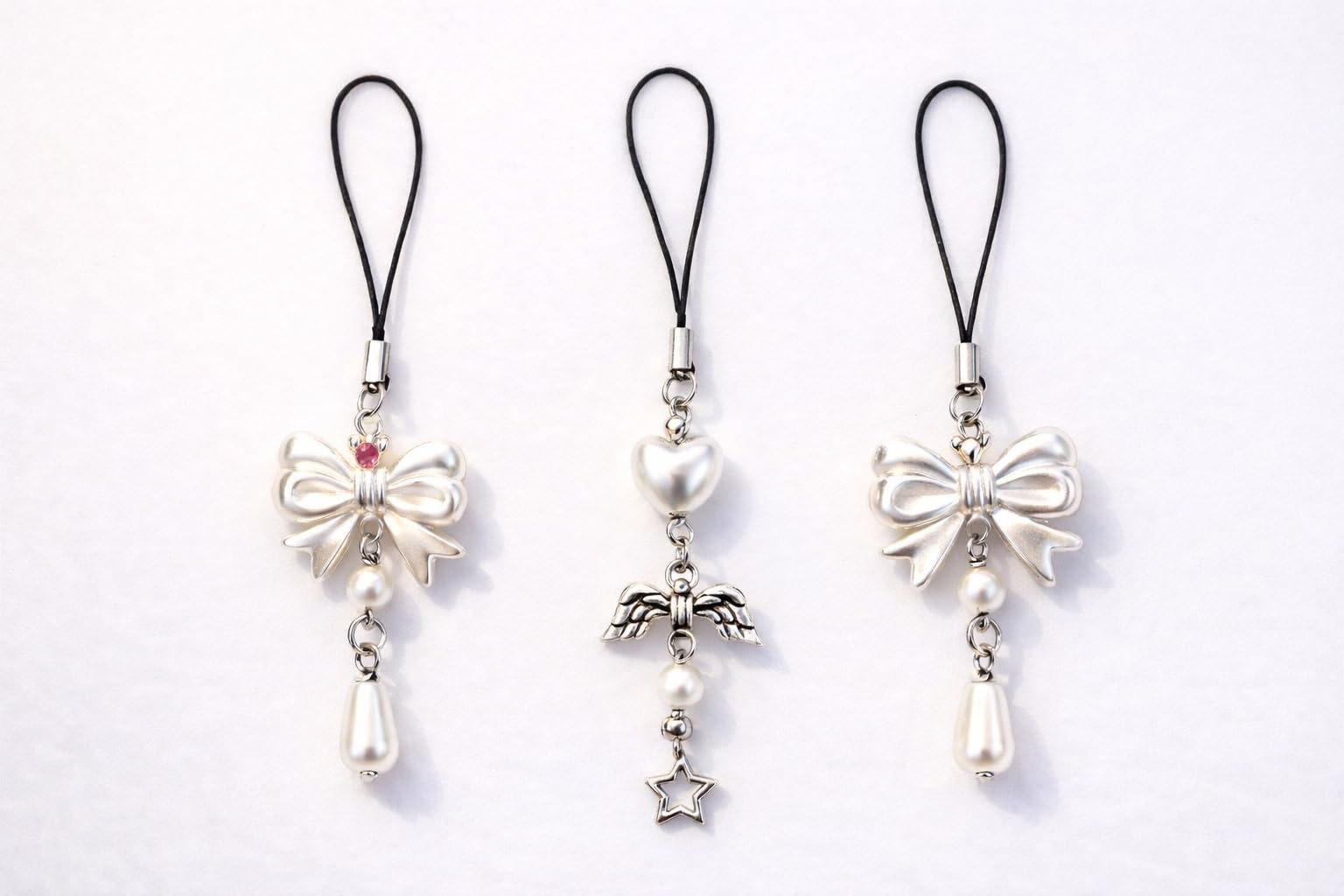 Pack of 3 Elegant Pearl Bow Heart Phone Charm Set with Star Wing Design, Premium Mobile Strap Accessories for Smartphones, Stylish Cute Hanging Charms for Girls Women,Gift and Daily Fashion Use-image-14