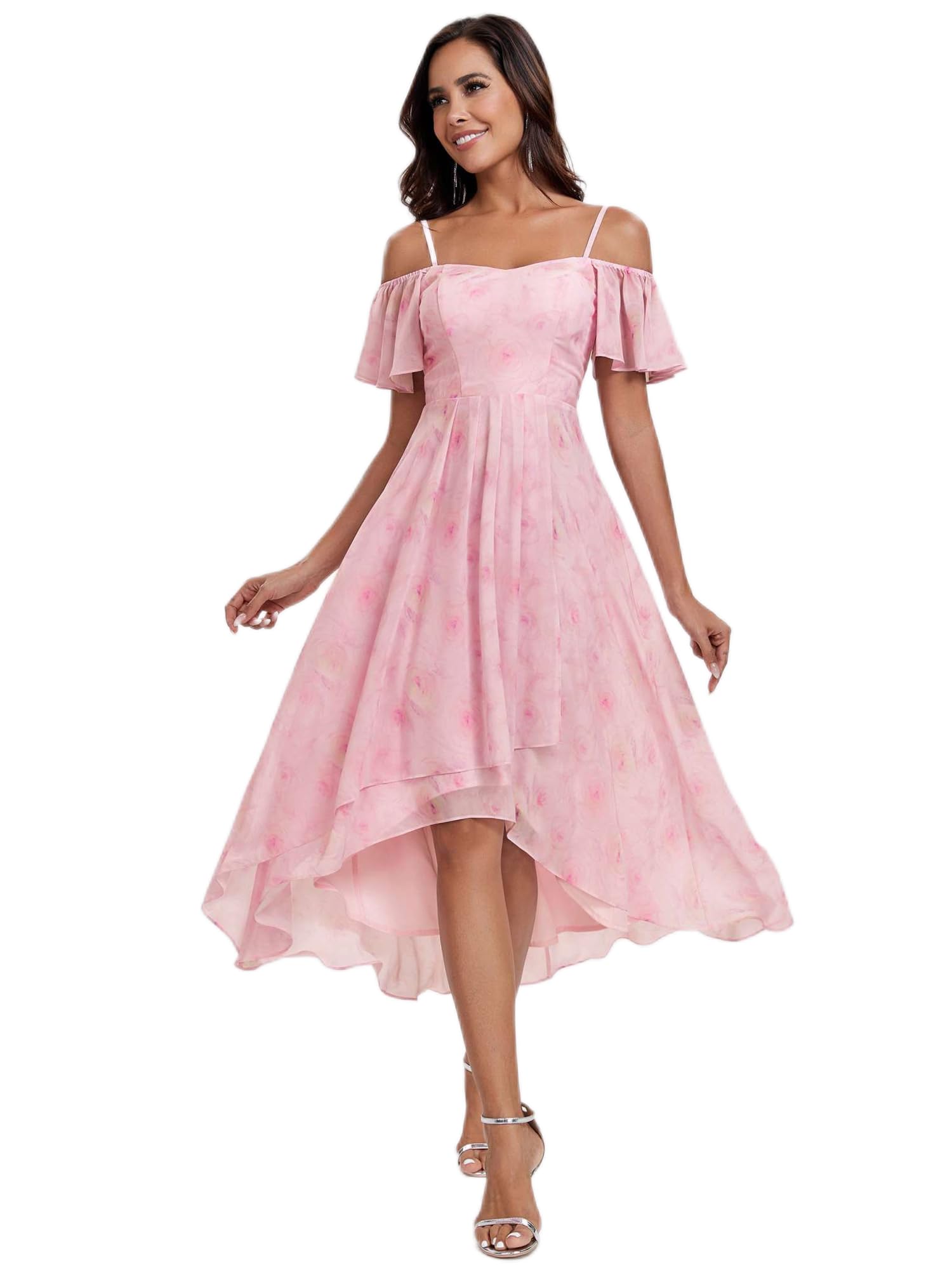 Ever-Pretty Vestido de Noche Gasa Manga Corta Vestido de Invitada de Boda Alta Baja Correas Chic hasta la Rodilla EG02103