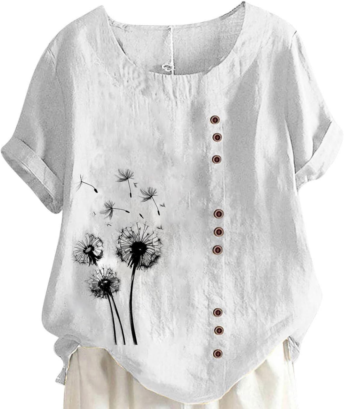 Plus Size Linen Tops for Womens Crewneck Roll Up Short Sleeve Tshirts Floral Print Blouse Casual Loose Shirt
