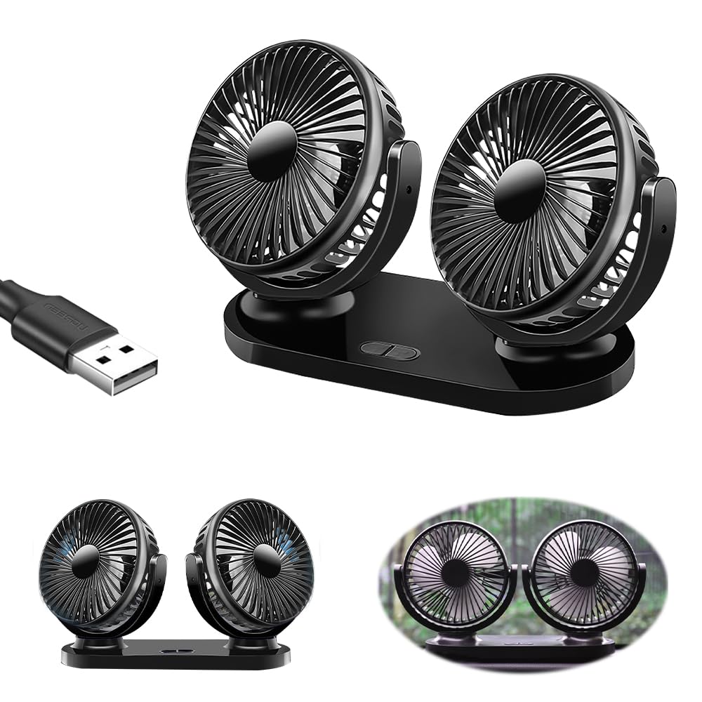 Ventilateur Voiture USB, 360° Rotative Double Tête Ventilateur de Voiture, Ventilateur Camping Car avec 3 Vitesses, Double Tête Ventilateur USB pour Voiture,Maison,Bureau,Camping