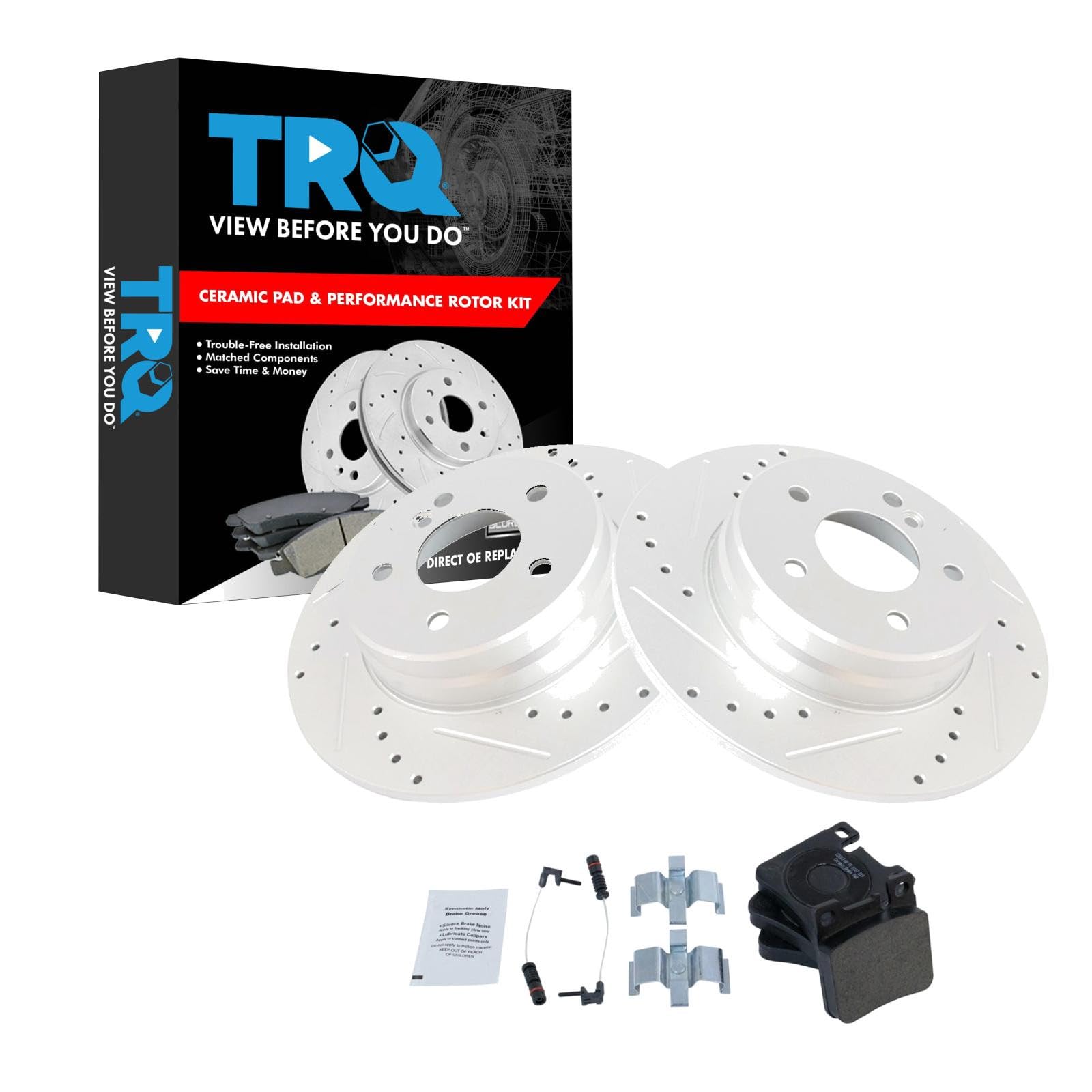 TRQ Performance Rear Brake Pad and Rotor Set Ceramic Coated Drilled Slotted Compatible with 1996-1997 Mercedes-Benz C36 AMG 1998-1999 CLK320 1999 CLK430 E300 1996-2002 E320 1997 E420 1998-2002 E430