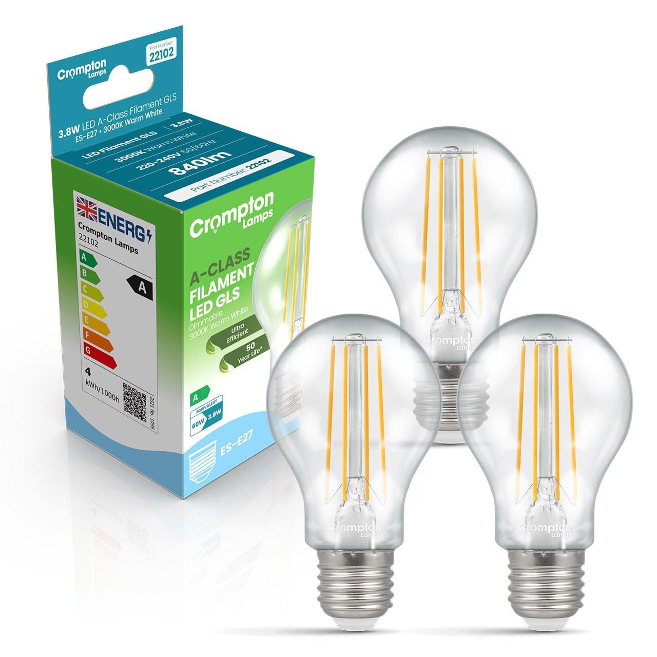 Crompton Lamps LED Ultra-Efficient GLS 3.8W ES-E27 Dimmable A-Class (3 Pack) (60W Equivalent) 3000K Warm White Clear 860lm ES Screw E27 Energy Efficient Filament A-Rated Multipack Light Bulbs