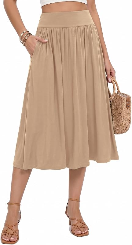 Naggoo Womens Midi Skirt Wide Waistband Casual Skirts with Pockets