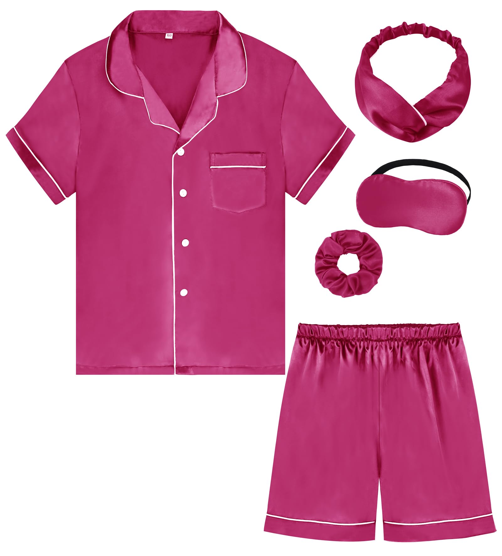 ALHAVONE Kids Girl Pajama Set with Headband Blindfold Hair Tie Toddler Boy Girl Satin Silky Button-up Pajama Sleepwear