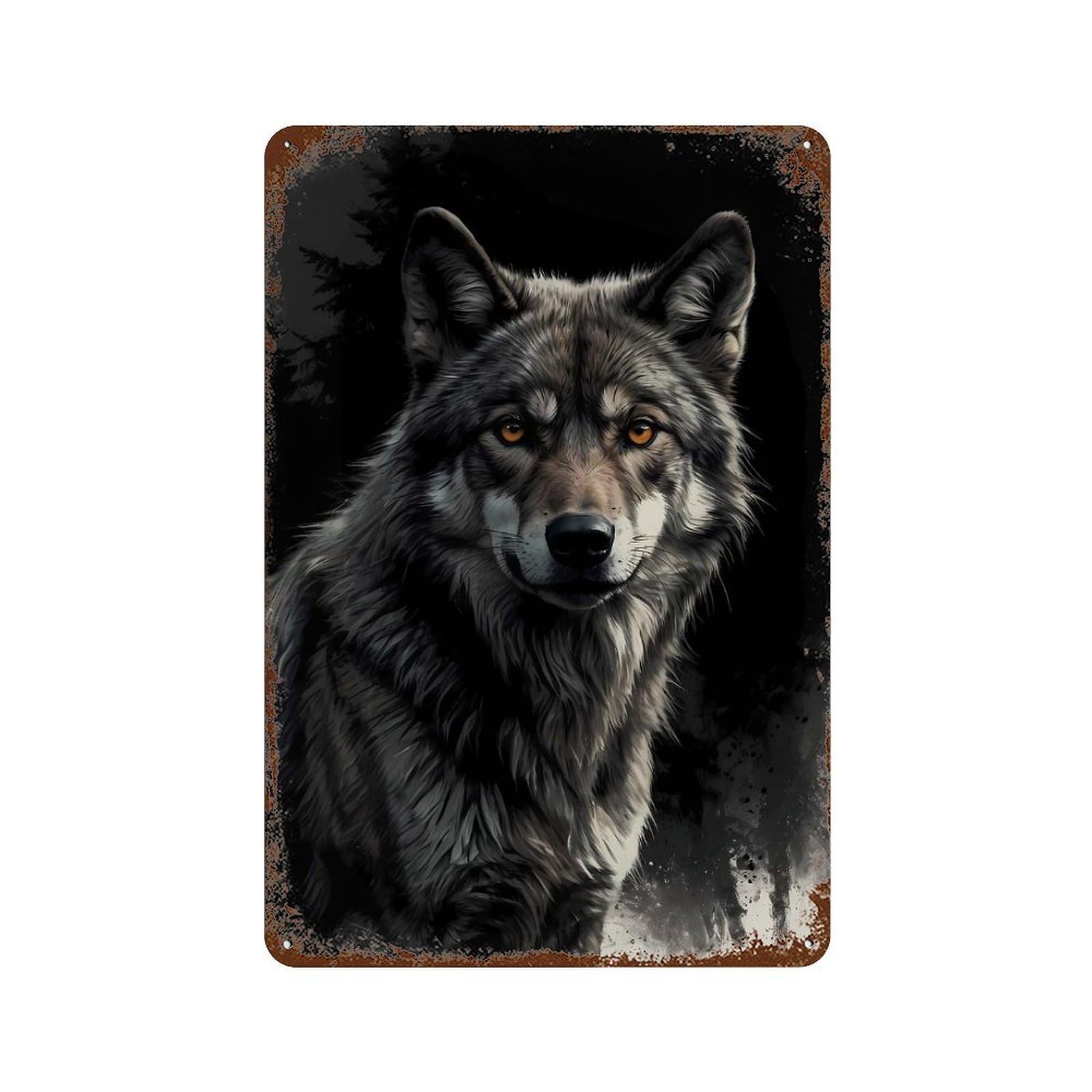 Rusty Metal Tin Sign with Gaze of The Night Wolf Design 11.8"x7.9", for Farmhouse, Kitchen And Entryway Decor, Classic Wall Plaque