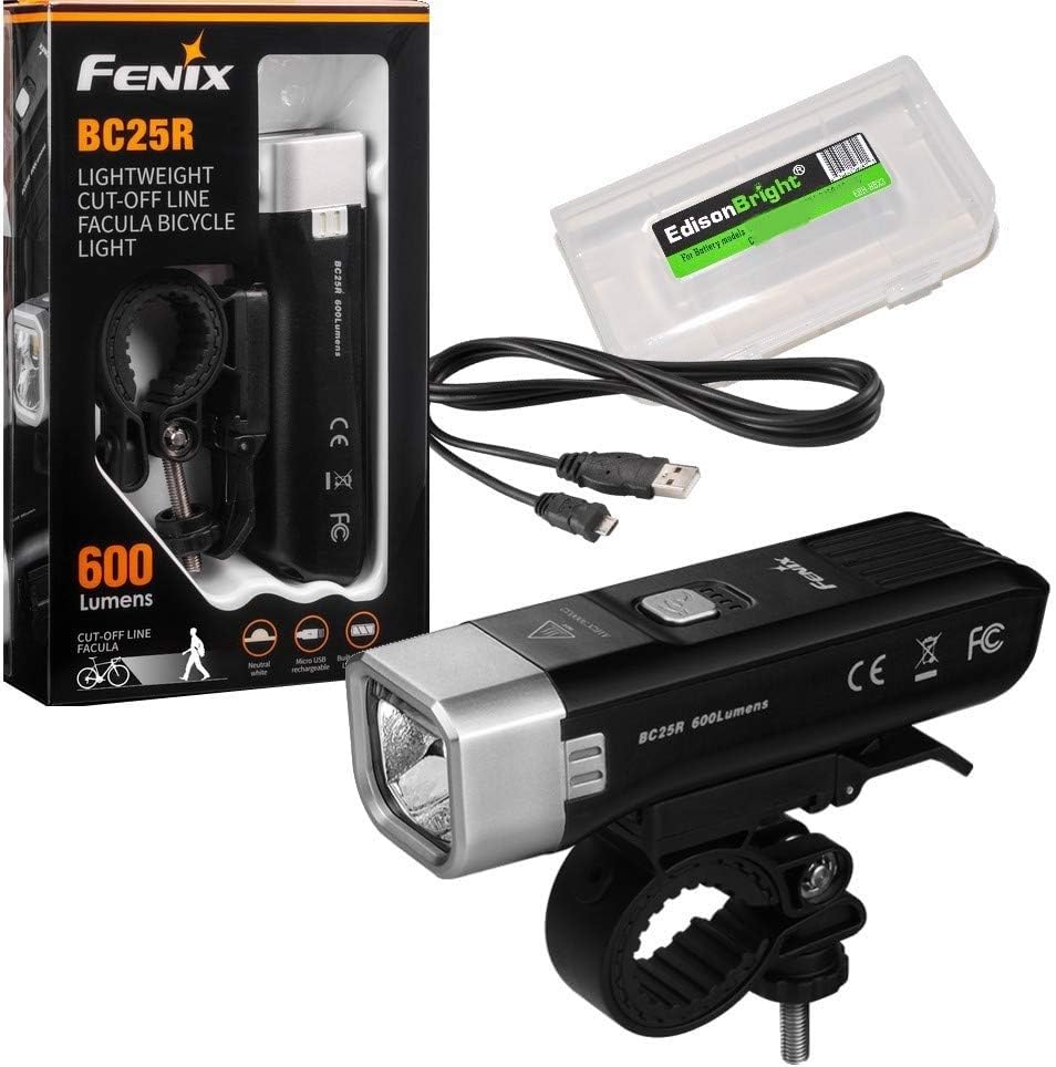 Fenix BC25R 600 Lumen Cree LED USB Rechargeable Light Weight Pedestrian Friendly Bike Bicycle Light with EdisonBright BBX3 Charging Cable Carry case