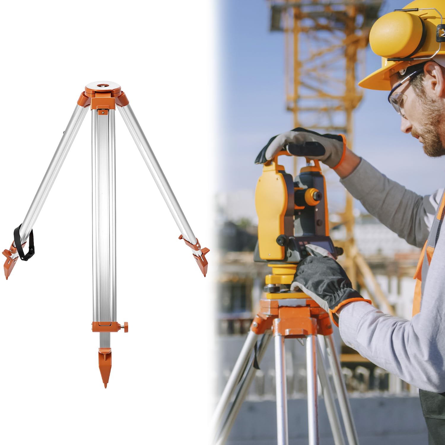 QWORK Trípode de encuesta de aluminio – Trípode de contratista resistente con abrazadera rápida, trípode universal de nivel de tránsito, rosca de 5/8 x 11 pulgadas