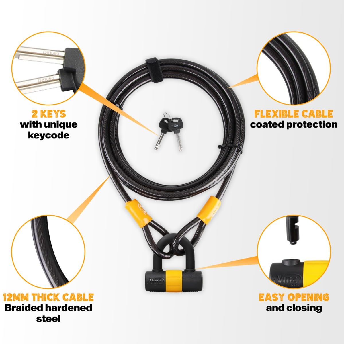 VINZ Kinabalu Candado de Cable | Antirrobo para Bici Casco Patinete Electrico Muebles de Jardín | Candado de Doble Bucle ø12mm - 15 Metros