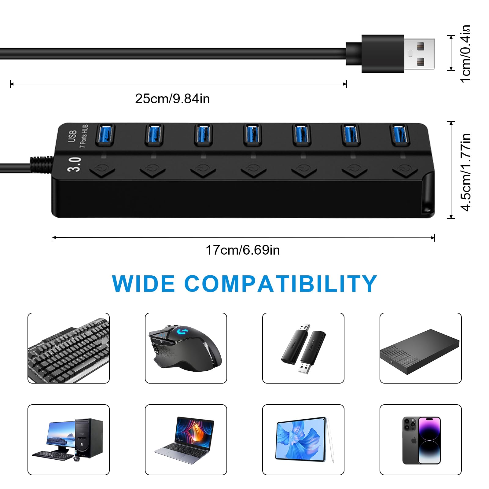 HORJOR Hub USB 3.0 7 Ports avec Interrupteur Séparé et LED, Alimenté Adaptateur Transfert Données Charge Rapide