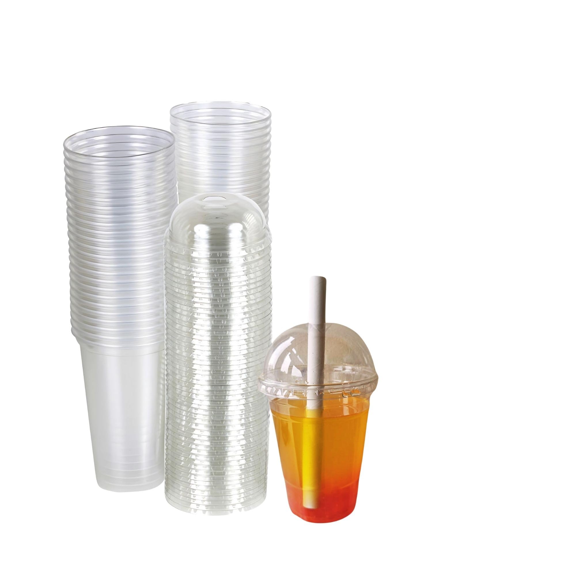 Strong Clear Plastic Reusable Smoothie Cups with Dome Lids | Large Smoothie Cup With Lid 16Oz Clear Cups With Lids–Pack of 50 Milkshake Cups, Size – 16oz(473ml) | Leakproof Plastic Cup With Dome Lid — image 1