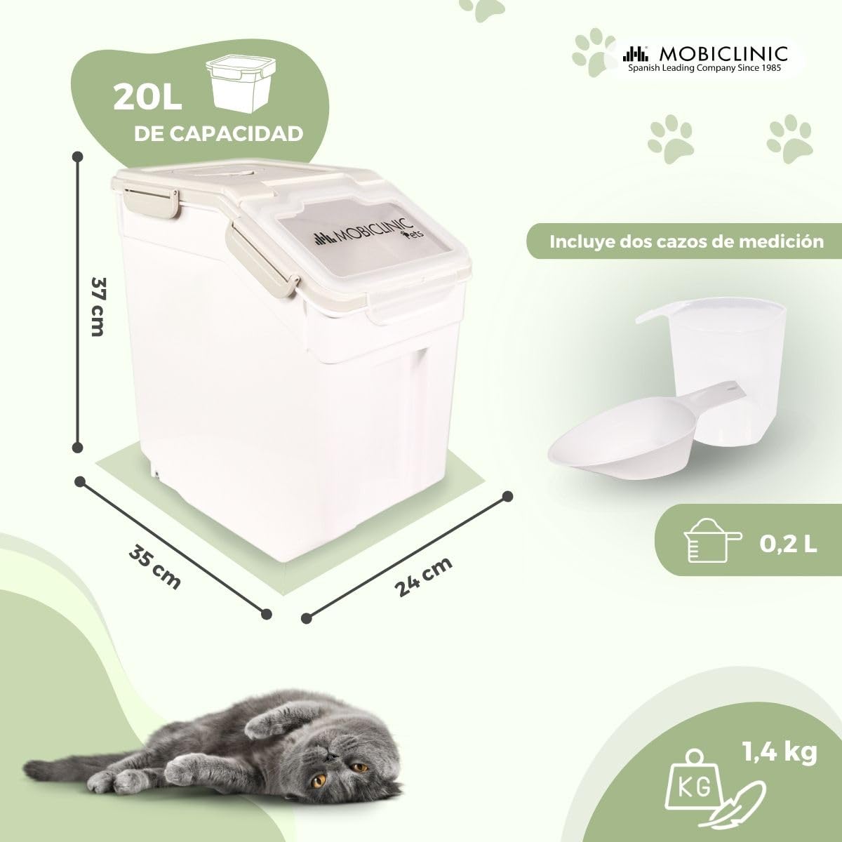 Mobiclinic®, Contenedor Pienso, Pala y Vaso Medidor, Capacidad 20 L/8 Kg, para Mascotas, Cierre Hermético, 23x25,5x36,5cm, con Ruedas, Ventana Transparente, Preservación de Frescor, Feedpet
