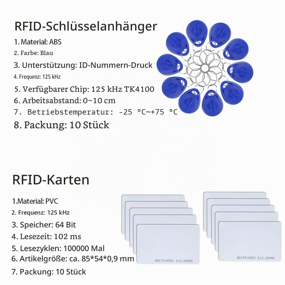 FTSTech RFID-Sicherheitsset mit 125 kHz Eigenständigem Tastenfeld + Elektrischem Schloss + Netzteil + Ausgangstaste + 10 Schlüsselanhänger + 10 weiße Karten (Elektrisches Fallbolzen-Set)