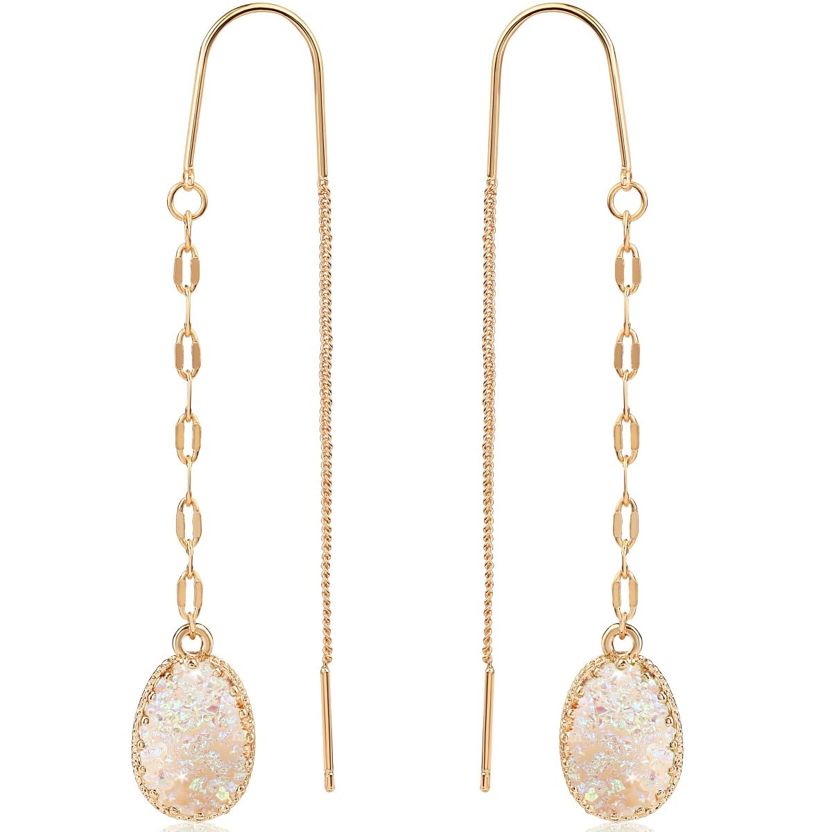 Simulated Druzy Threader Earrings for Women - Gold, Silver, or Rose Gold Tone Long Chain Earrings with Boho Created Geode Stone