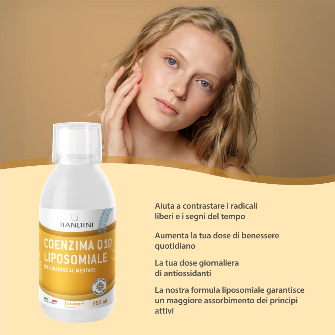 Bandini® Coenzima Q10 Liposomiale 200mg | Ubichinone Coq10 Alto Dosaggio 250ml - CAVAQ10® ad Alta Biodisponibilità, Vegano da Fermentazione del Mais | Coenzyme Q 10 | Migliore Antiossidante | Pelle