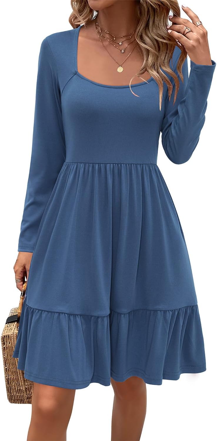 Newshows Women 2025 Summer Dress Square Neck Formal Short Sleeve Business Casual Outfits Ruffle Spring Pockets Sundress