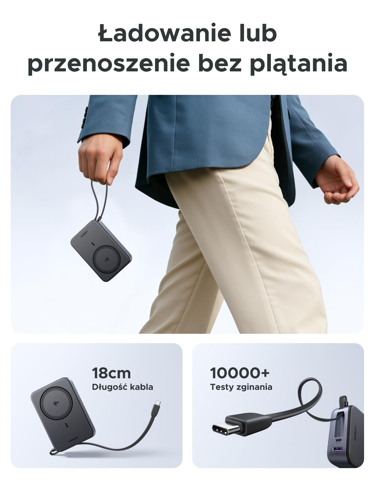 UGREEN Zapix 20000mAh Qi2 15W Magnetyczny Powerbank z USB-C 30W | Certyfikat Qi2, Zintegrowany Kabel, iPhone 17–12, Przyjazny dla skóry, Idealny do podróży i dojazdów do pracy