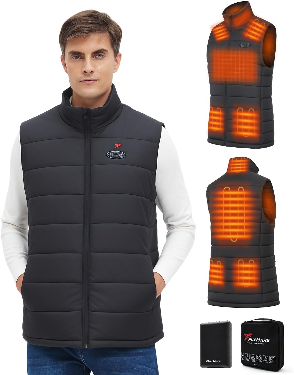 Flyhare Heated Vest for Men with Battery Pack Included 16000mAh 7.4V, Warming Men's Heated Vests Rechargeable Vest Outdoor